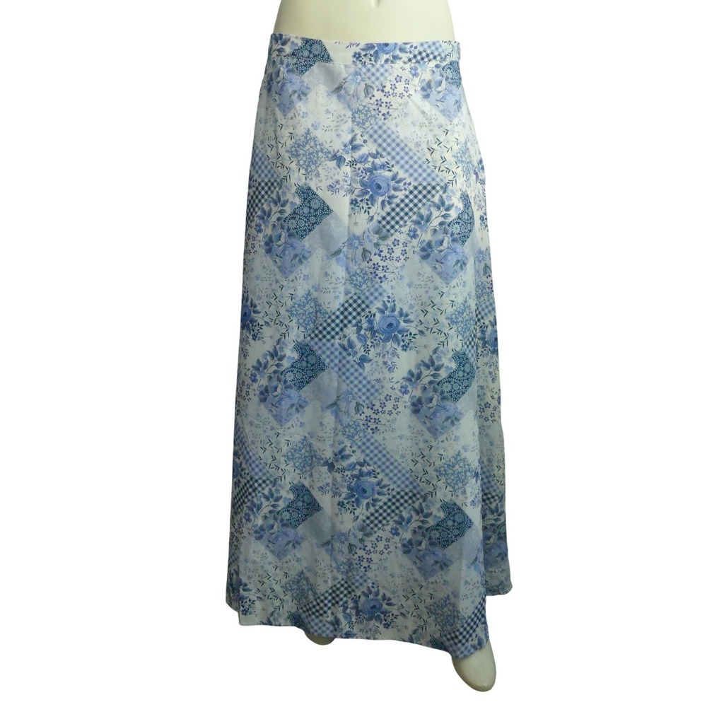 Reba Blue Floral Patchwork Maxi Skirt Cotton Lined Gingham Size 10 NWT Prairie